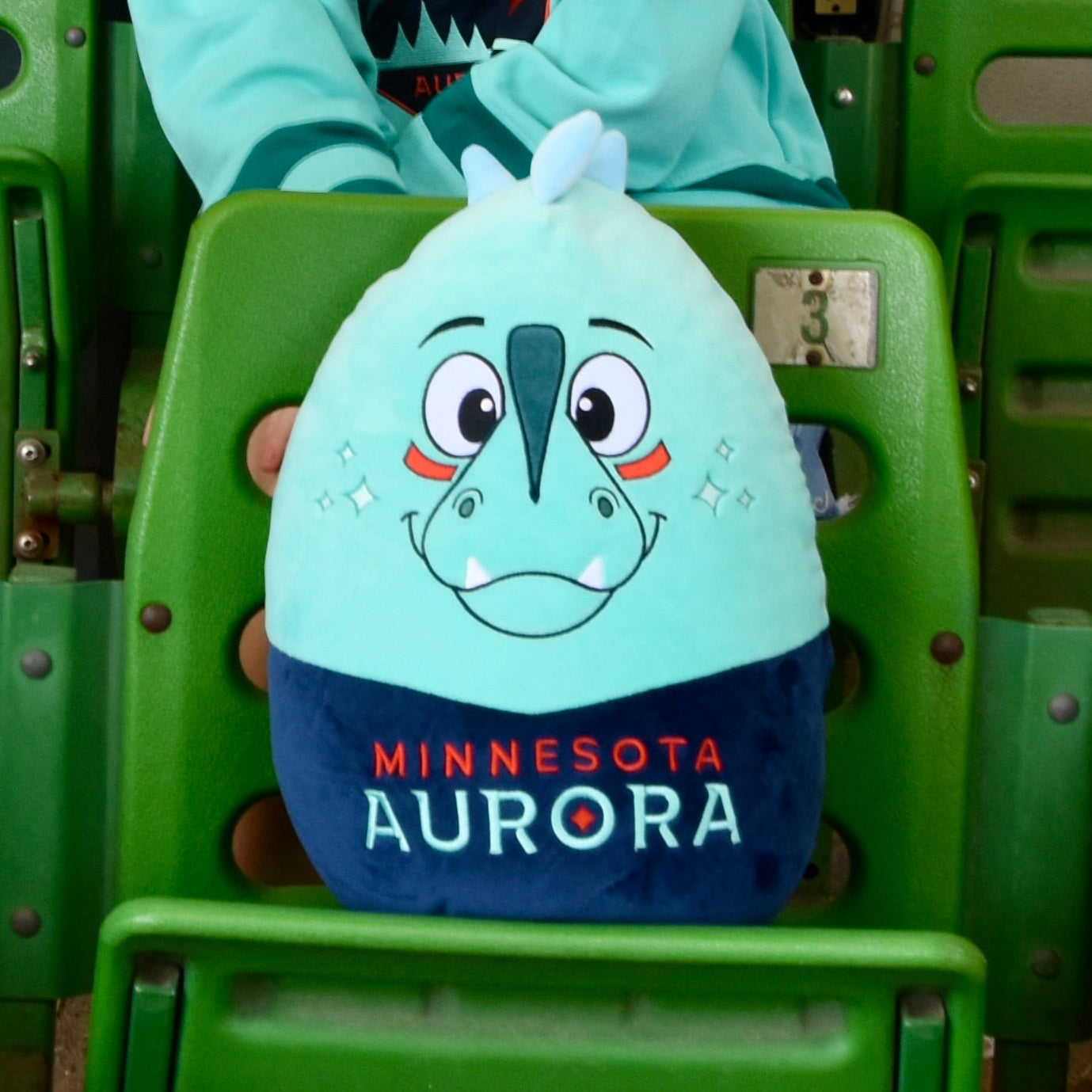 Close up image of Rory Squishie Pillow on a green chair.