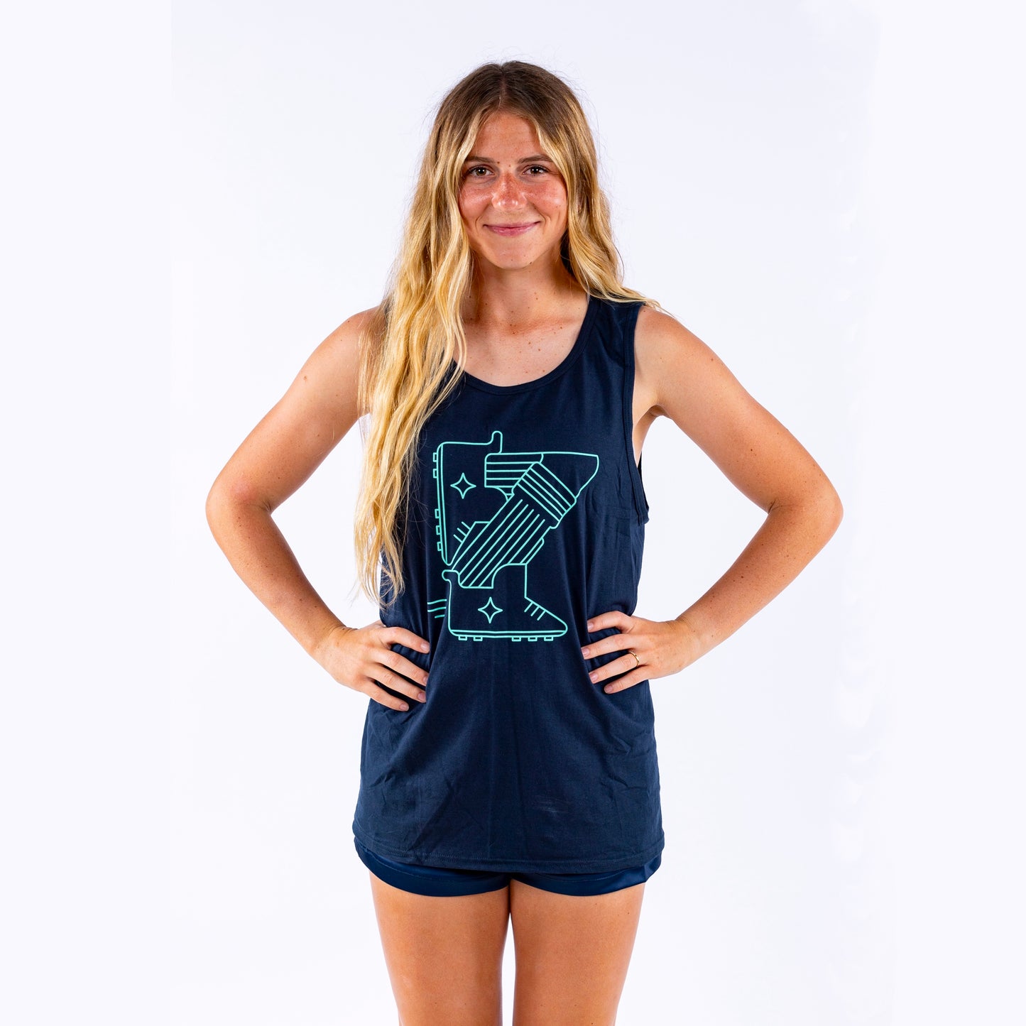 Navy blue tank top with a teal outline of legs and cleats that looks like the state of Minnesota