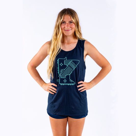 Navy blue tank top with a teal outline of legs and cleats that looks like the state of Minnesota