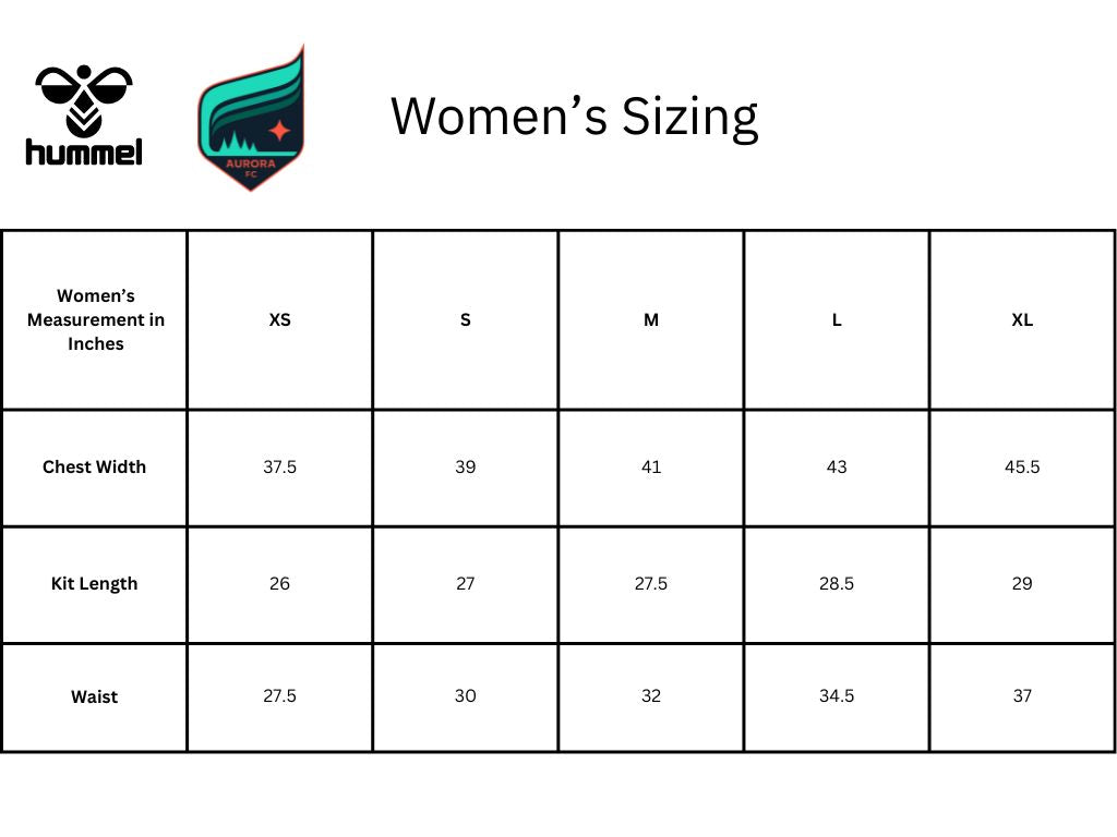 Hummel women's sizing chart with measurement details.