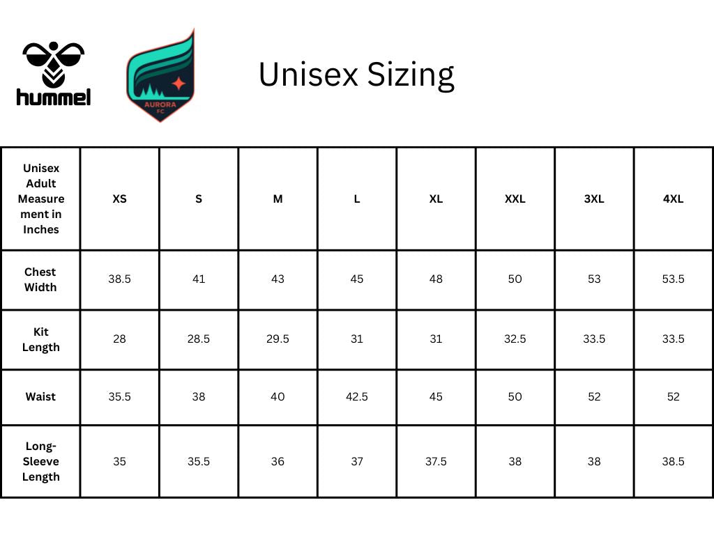 Hummel unisex sizing chart with measurements in inches