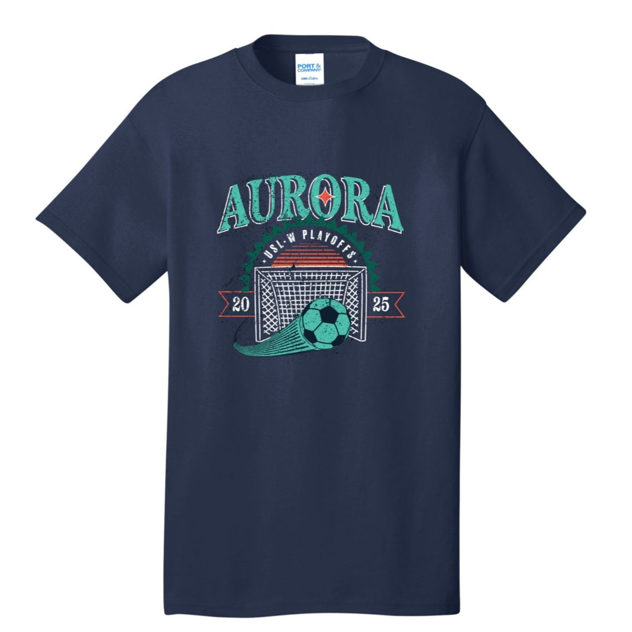 Navy blue t-shirt with 'Aurora' 2025 playoff graphic design w/soccer ball in net