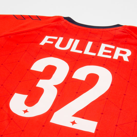 Bright red soccer jersey with dark red stars and lines with black accents