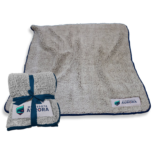 Gray fleece blanket with navy trim and 'Minnesota Aurora' logo on a white background