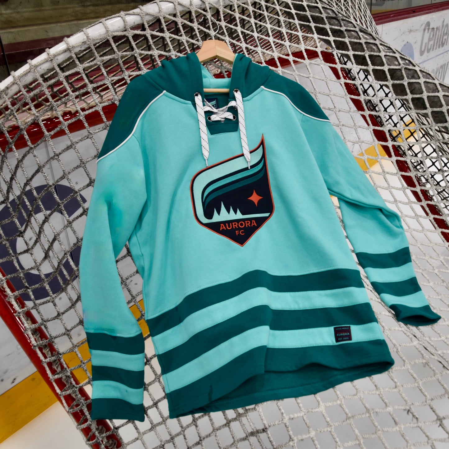 Teal hoodie with a logo hanging on a hockey net