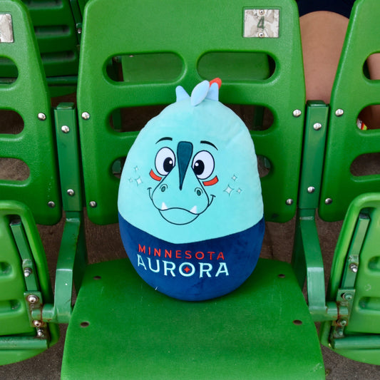 Green stadium seat with a colorful Rory pillow labeled 'Minnesota Aurora' on a concrete floor.