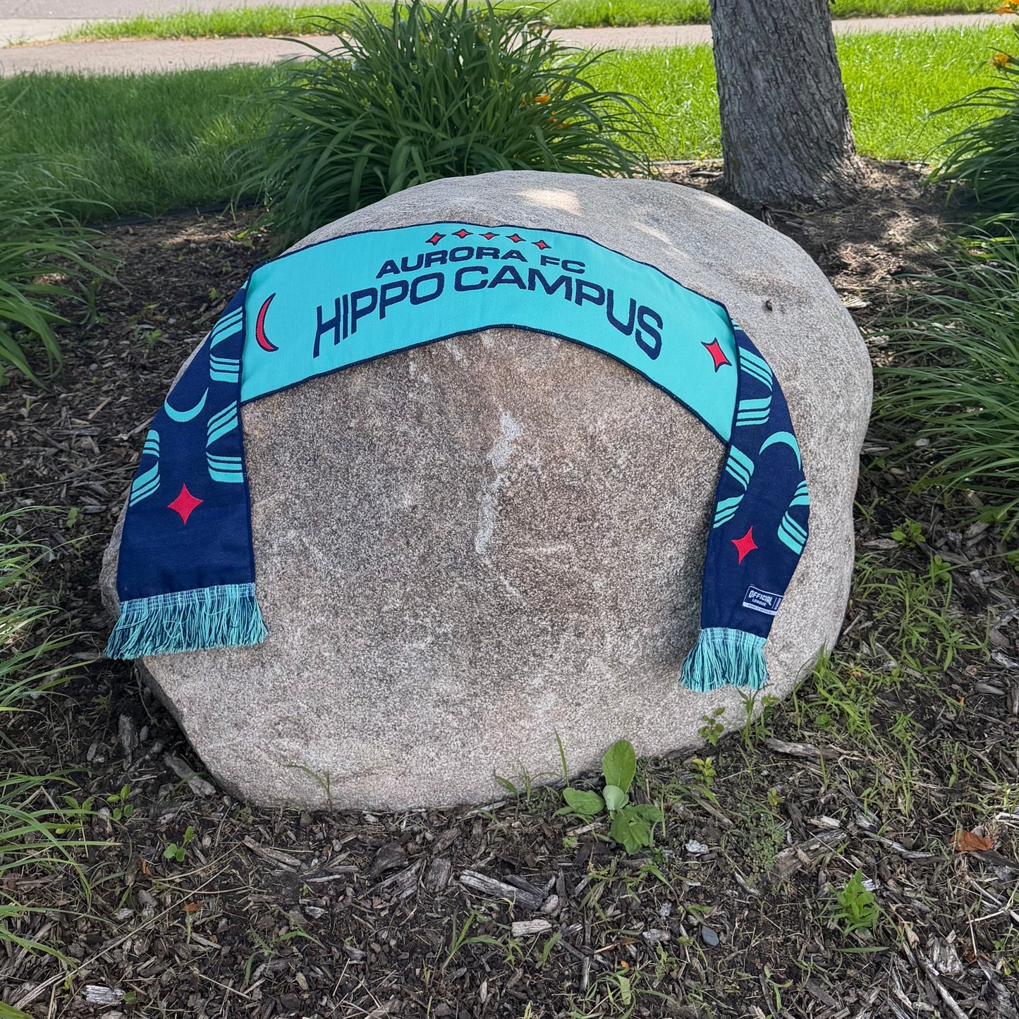 Scarf displayed on a large boulder outside.