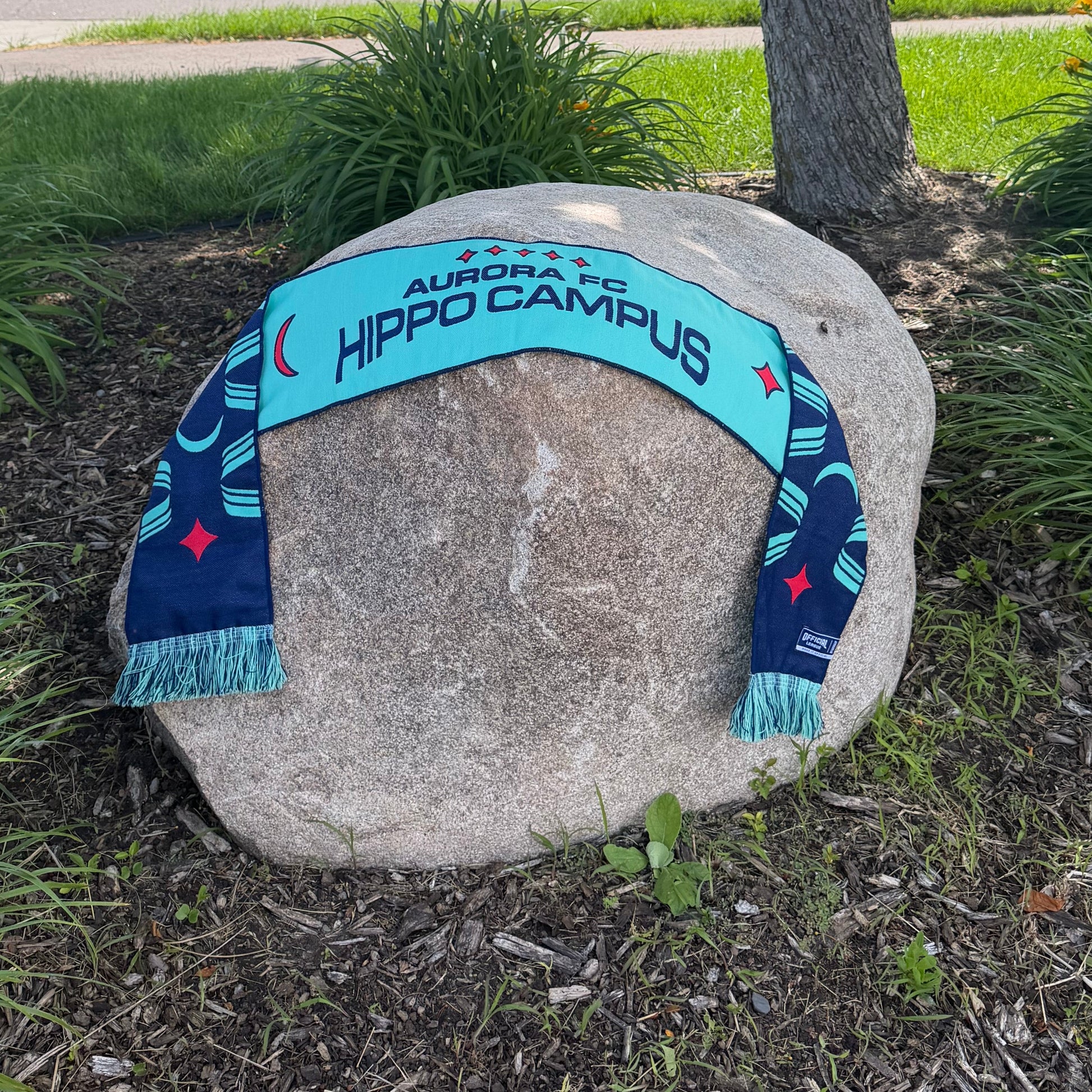 Scarf displayed on a large boulder outside.