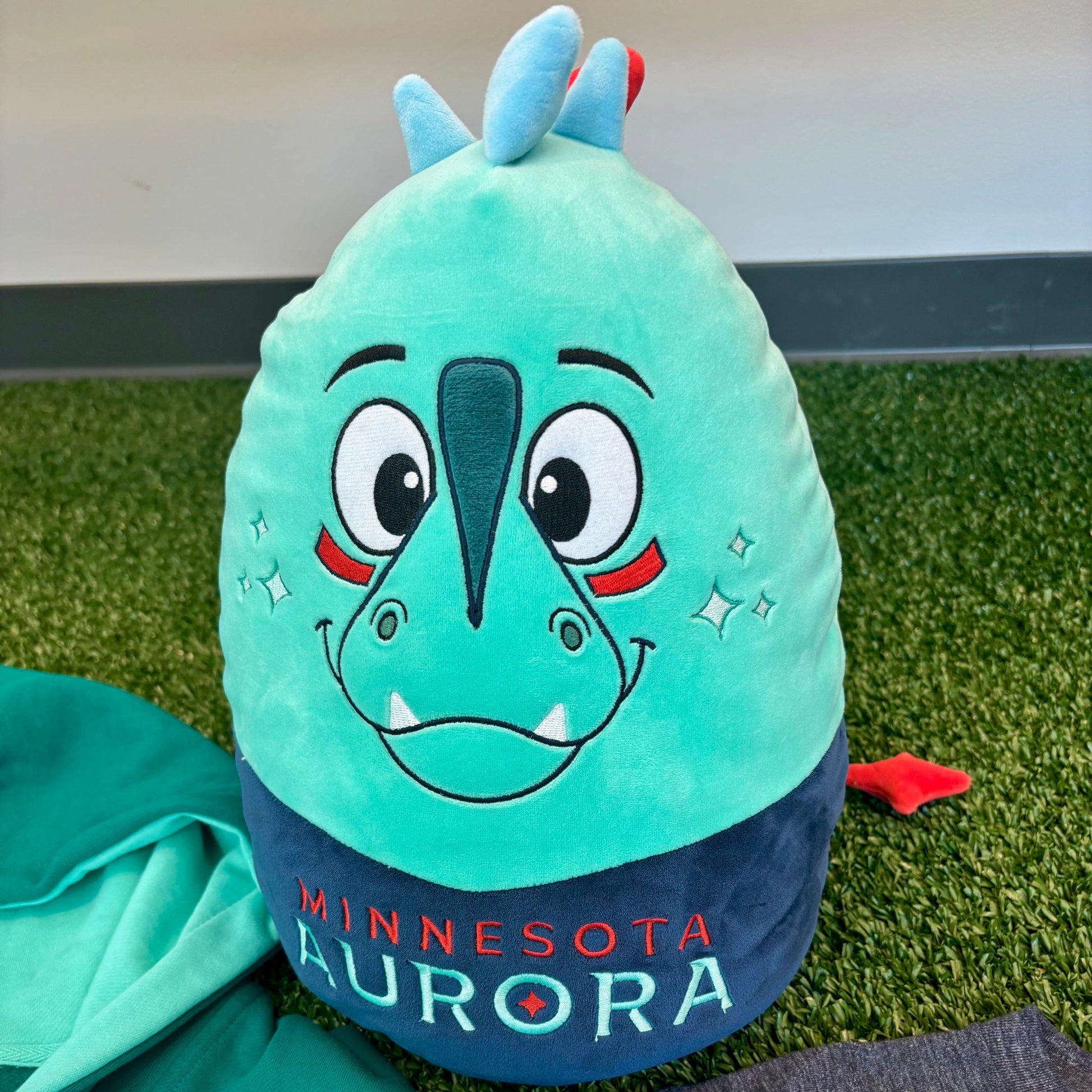 Plush Rory toy with 'Minnesota Aurora' text on a grass-like surface