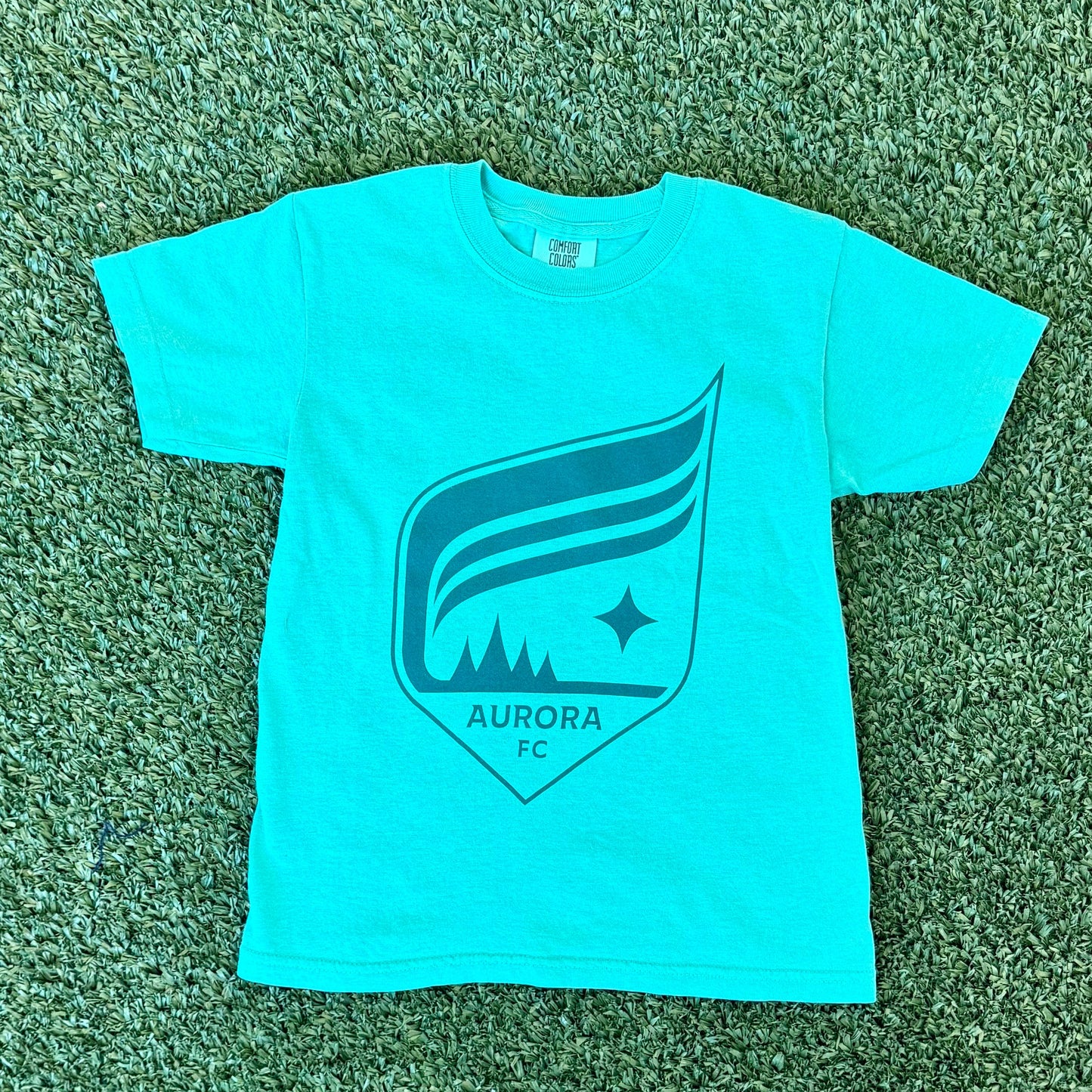 Teal t-shirt with a teal aurora logo on 