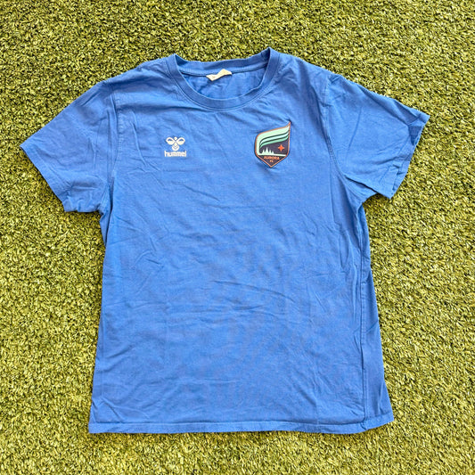 Blue t-shirt with a logo on a green grass-like surface