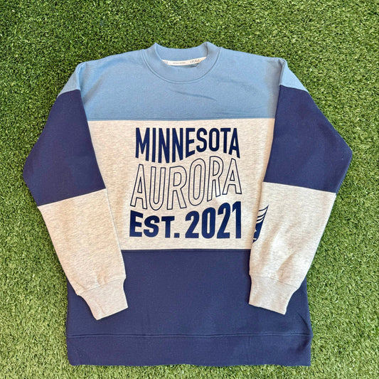 Sweatshirt with 'Minnesota Aurora Est. 2021' text on a grass background