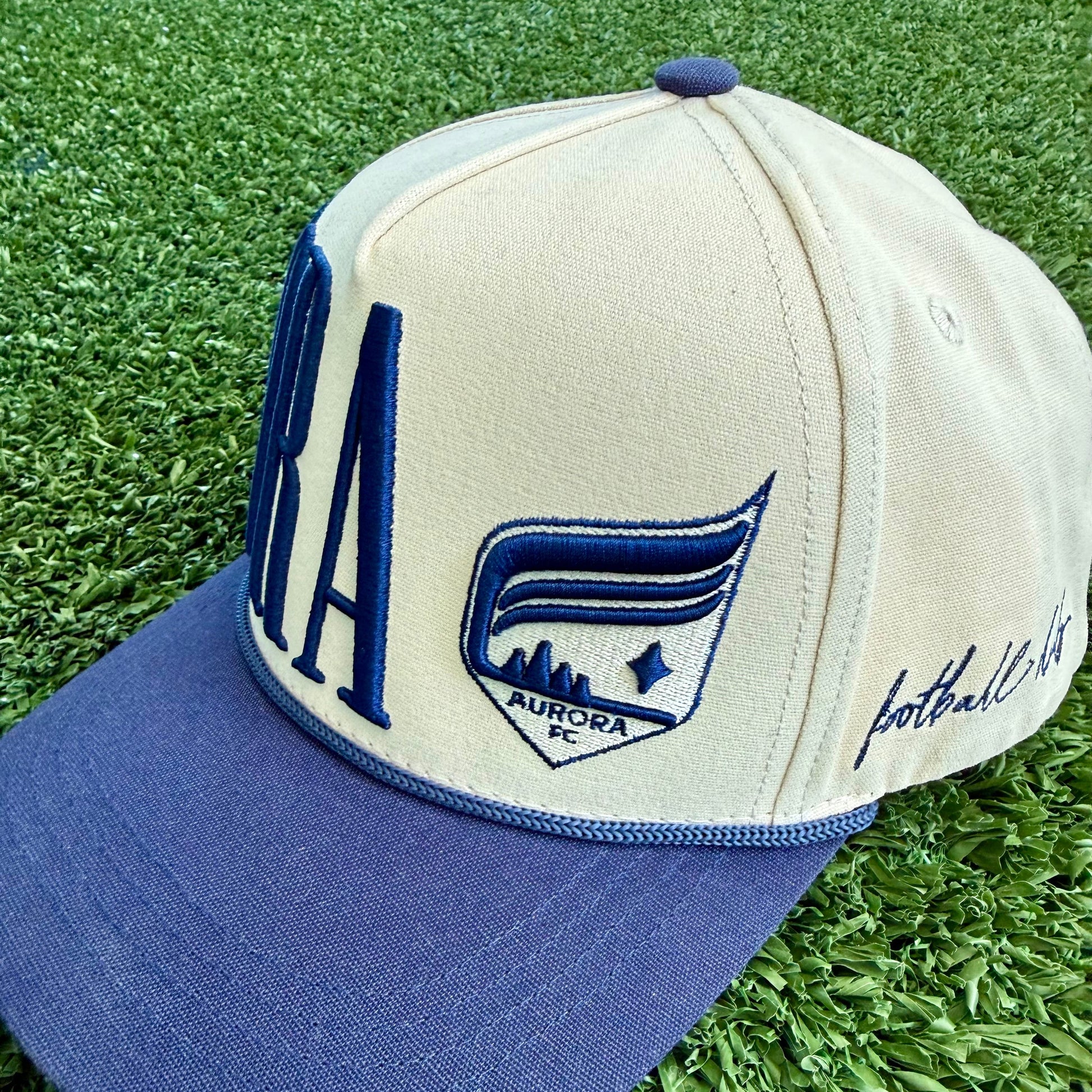 Cap with blue and white design on a grassy background