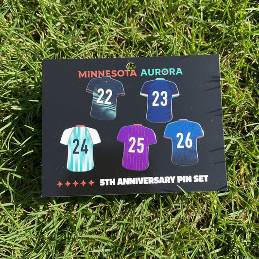 Minnesota Aurora Soccer jersey display with numbers 22, 23, 24, 25, and 26 on a grass surface.