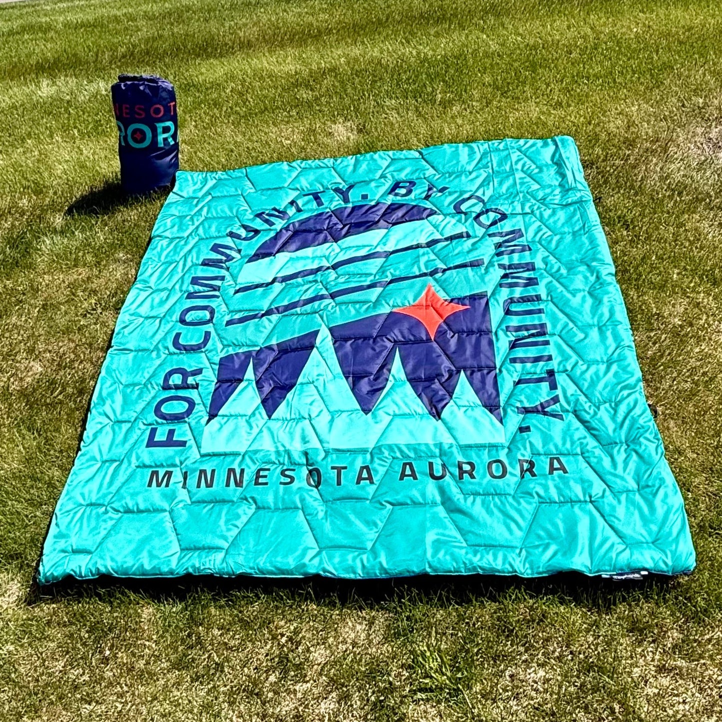 Teal quilt with a logo on a grassy area near a road
