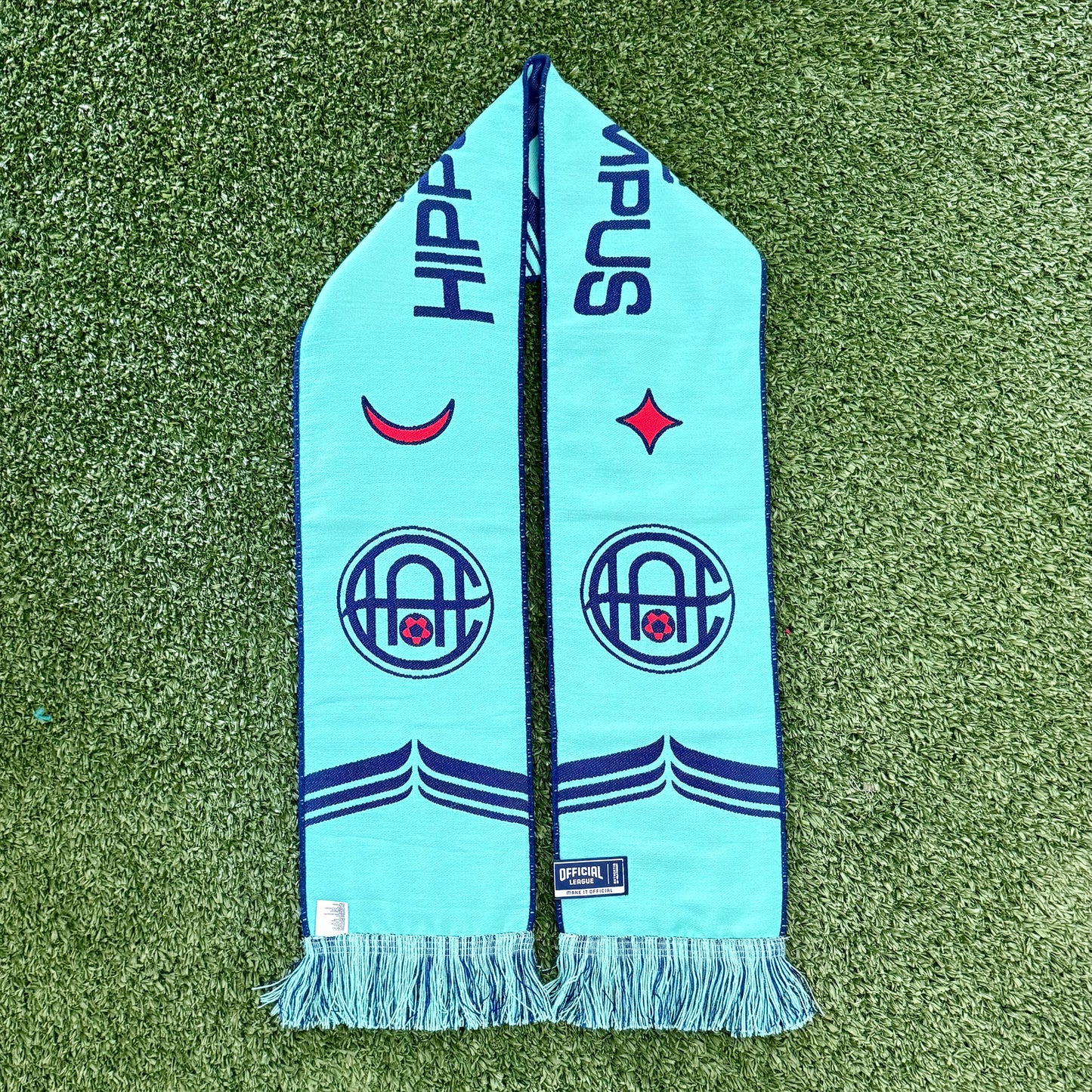 Teal scarf with patterns and text on a green grass background