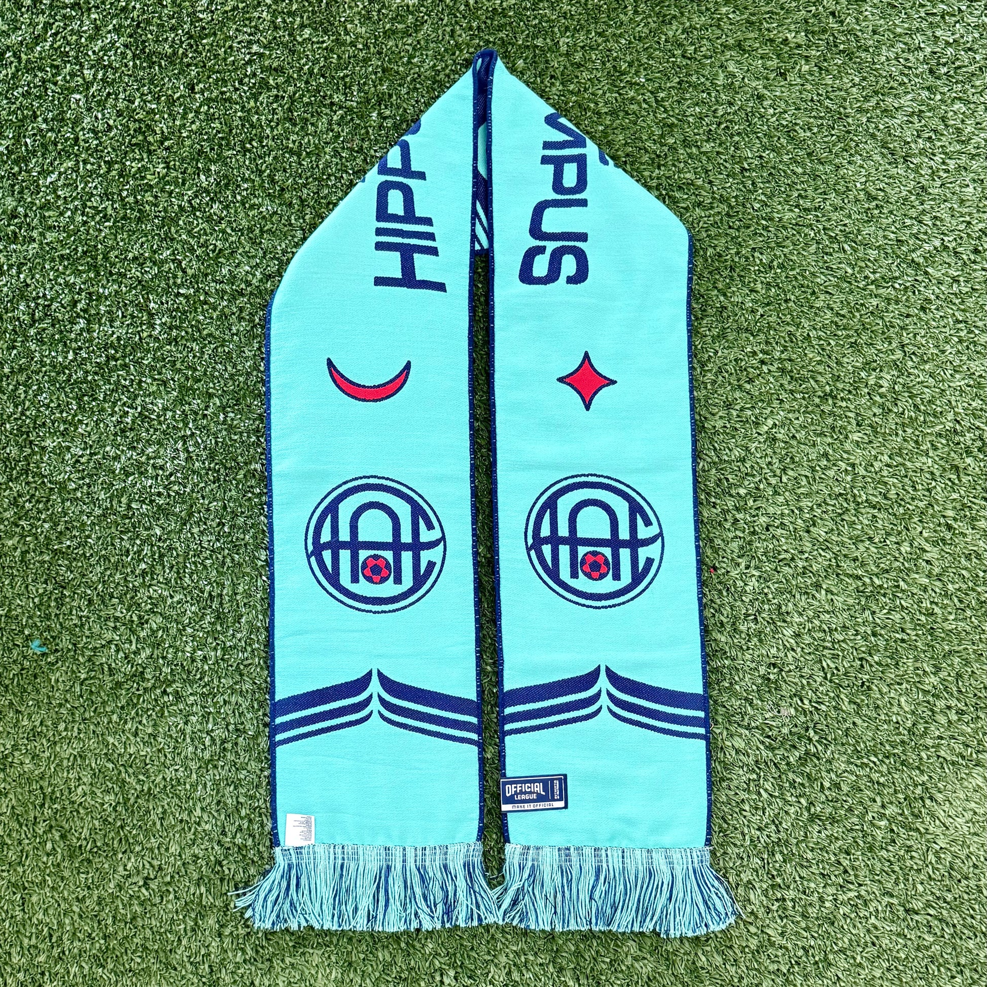 Teal scarf with patterns and text on a green grass background