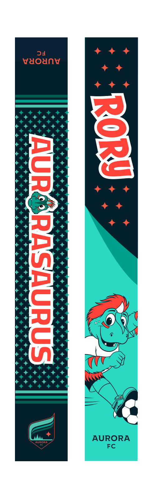 Front and back scarf with 'Rory' and 'Aurorasaurus' branding on a dark blue background.