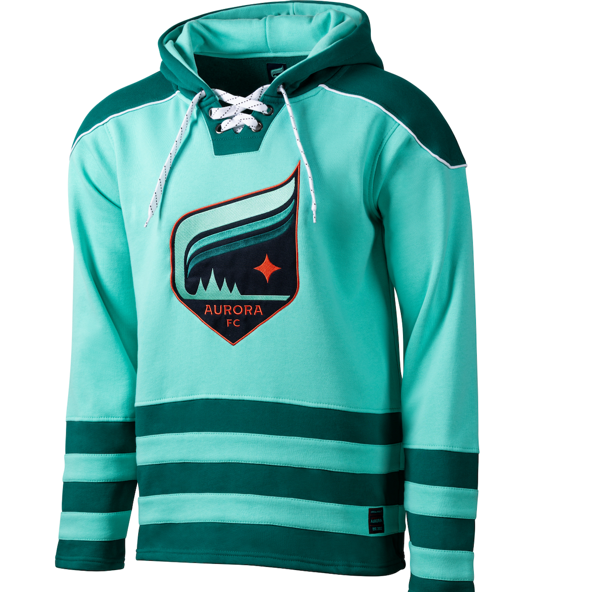 Teal and dark teal hoodie with a aurora crest on a white background